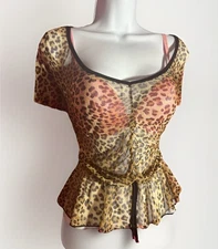 Pink Peony Leopard Print Sheer Blouse Cinched Waist & Front Women’s L
