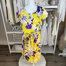 Christopher & Banks size medium yellow floral midi dress elastic waist #3869
