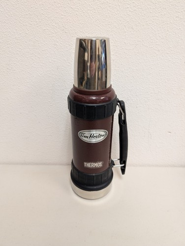 Tim Hortons Thermos Brown W/ Handle Stainless Steel Metal Rubber 13.5" Tall