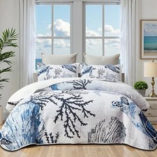 Coastal Bedding Size Coastal Quilt with 2 Shams, Nautical Beach King Sea Turtle