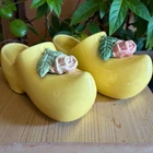 Vintage Yellow McCoy Pottery Shoes Planters w/Pink Roses Dutch Clogs 1950's