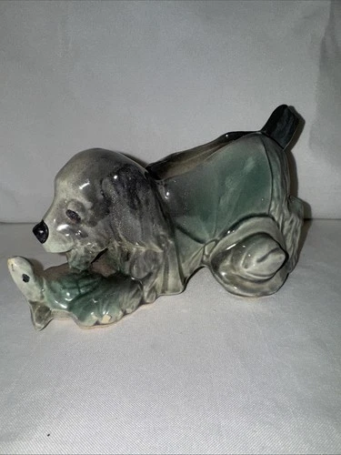 Vtg McCoy USA Planter Ceramic Pottery Dog with Turtle & Hat Blue Gray Glaze 7.5”