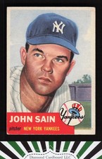 1953 Topps #119 Johnny Sain : Bio uses white text VGEX c