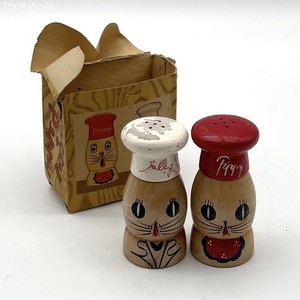 Vintage Salty & Peppy Wood Salt and Pepper Shakers 4.5 Inch Cat Figures With Box
