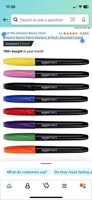 Amazon Basics Fabric Markers, 8-Pack, Assorted Colors UK