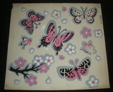 GRAPHIC BUTTERFLIES & Flowers Pink & Black 11x10.5" Greeting Card Art #13724