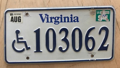 VIRGINIA DISABLED PERSON HANDICAPPED LICENSE PLATE 103062 VA WHEELCHAIR | eBay