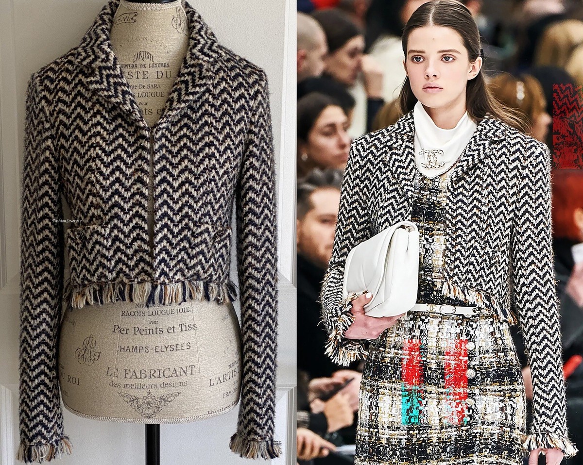 CHANEL 19K ECRU NAVY BOWN WOOL TWEED FRINGE RUNWAY JACKET 38 | eBay