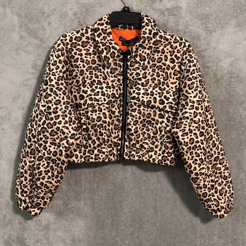 Zara Cropped Jacket Womens Extra Small Leopard Print Full Zip Padded NWT - Image 2 of 4