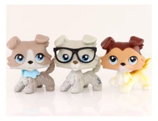 3PCS Pet Shop LPS Collie 363 67 58 Puppy Figure with Glasses Kids Gift Bobble