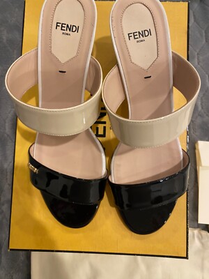 $1450 FENDI First Patten Leather  Heel Sandals Milk White & Black Size 38 / US8