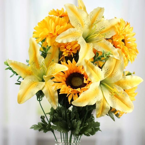 20" Artificial Yellow Lily, Mum, and Sunflower Decorative Floral Bush - Picture 3 of 3