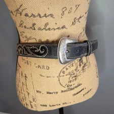 nocona leather embossed design western belt black 1.5 in silver toned buckle 36