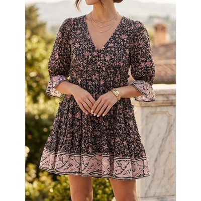 Cleobella Organic Cotton Floral Metallic Tiered Mini Dress Black Pink Small NEW