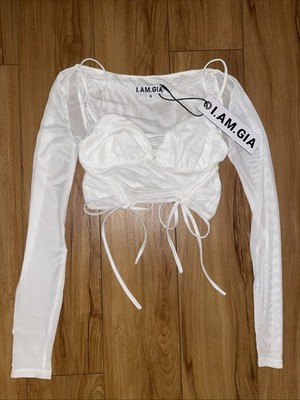 NWT! I.AM.GIA ASTERIA TOP WHITE Sleeve Mesh Ruched Side Tie Crop Size-S