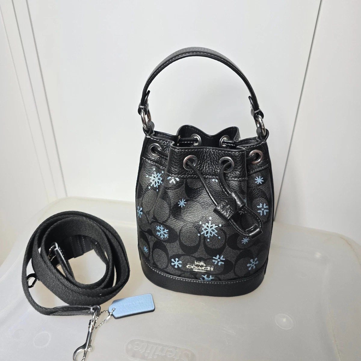 バッグ OLD COACH Leather Drawstring Bag Gray Vintage Coach