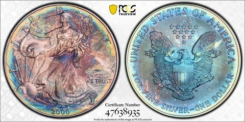 2000 PCGS MS67  Silver Eagle Monster Rainbow Blue Toner Straight Grade!