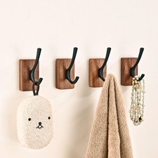 4 PCS Walnut Wood Wall Coat Hooks Adhesive Heavy Duty Decorative Double