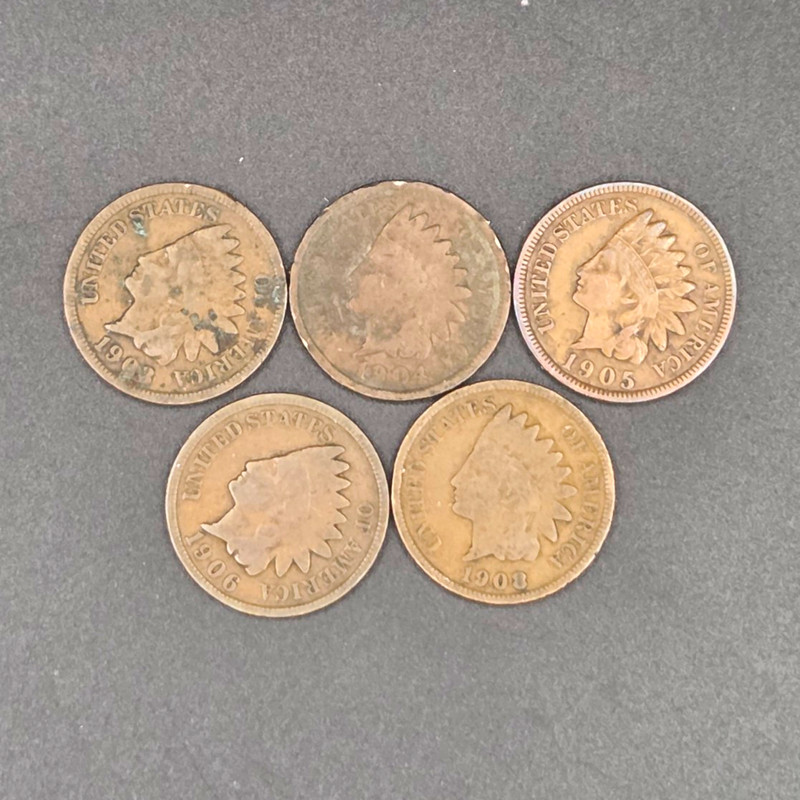Indian Head Small Cent Lot of 5 1903-1906, 1908 Business Strike Philly