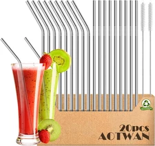20-Pack Reusable Stainless Steel Metal Straws, 9 Straight + 9 Bent 8.5''
