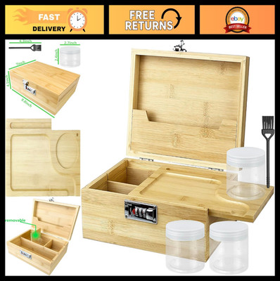 Large Bamboo Stash Box with Lock, 3 Jars Included, Decorative Storage Gift