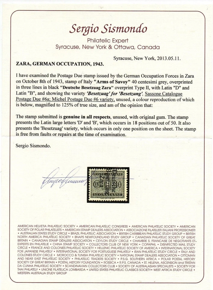 ZARA, ocupación alemana 1943, franqueo Michel debido #6 Certificado Sergio... - Imagen 2 de 2