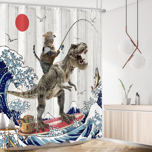 Vibrant Cat Dinosaur Shower Curtain in Gray - Rustic 72''x72'' Bathroom Decor - Picture 10 of 10