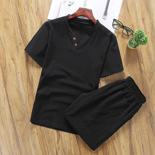 Herren Shorts Baumwolle Leinen Sommer Set 2er Set Kurzarm T-Shirt und Hose - Bild 10 von 30