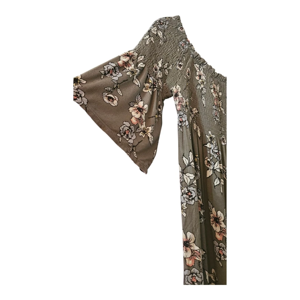 Vestido túnica Rewind Junior LG gris floral calado mangas cortas campana fuera del hombro Foto 4 de 4