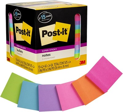 Post-it Super Sticky Notes, Assorted Bright 3 in x 3 in, Electric Yellow 