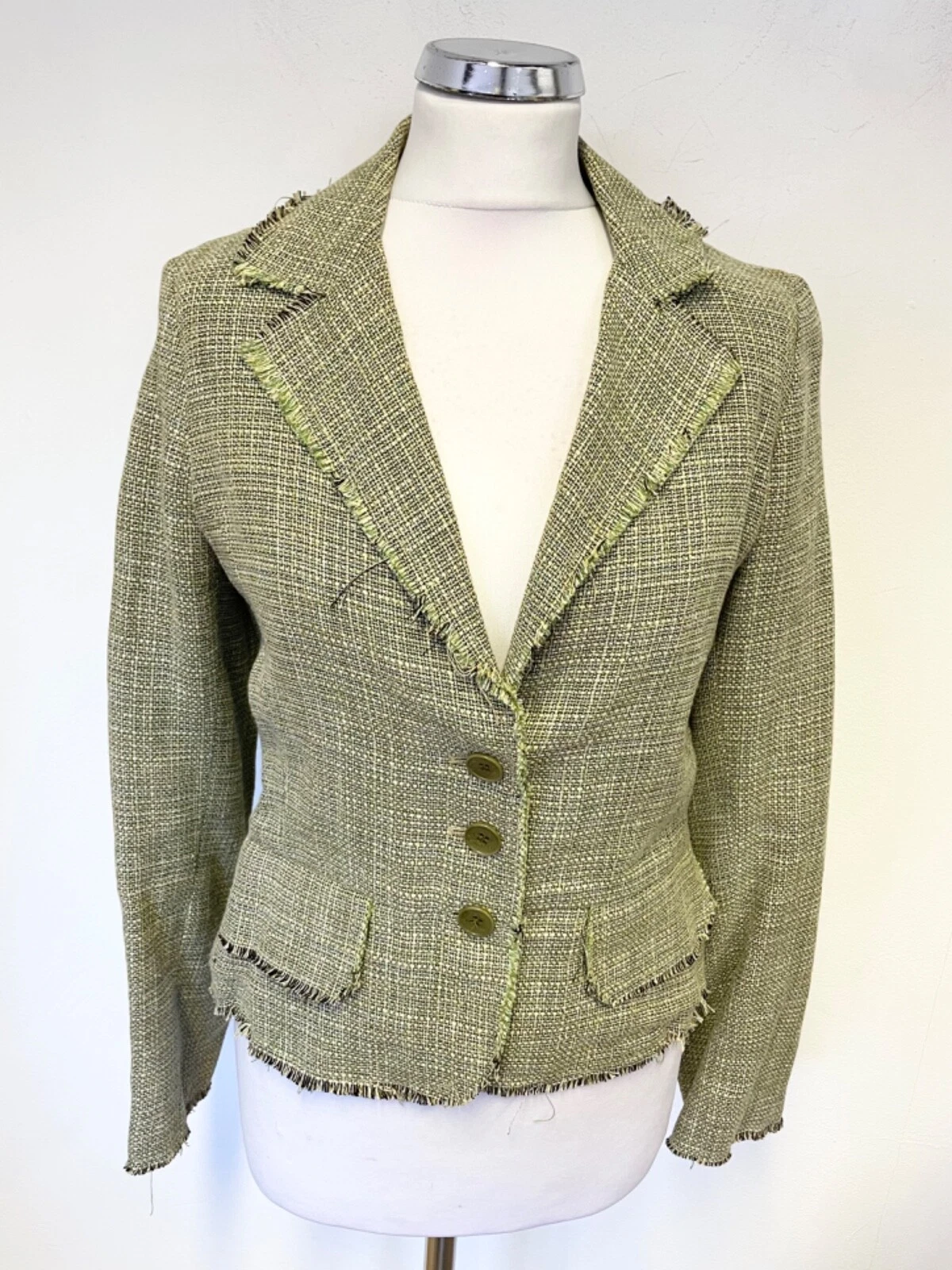 KEW GREEN TWEED COLLARED V NECK LONG SLEEVED FITTED JACKET SIZE 10