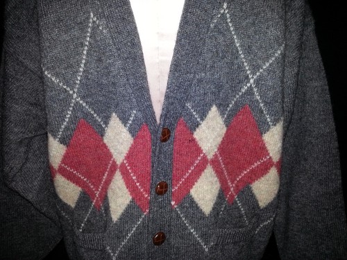 COLOMBO Mens Button Front Diamond Squares Sweater Cardigan Medium Gray Red Beige - Picture 3 of 9