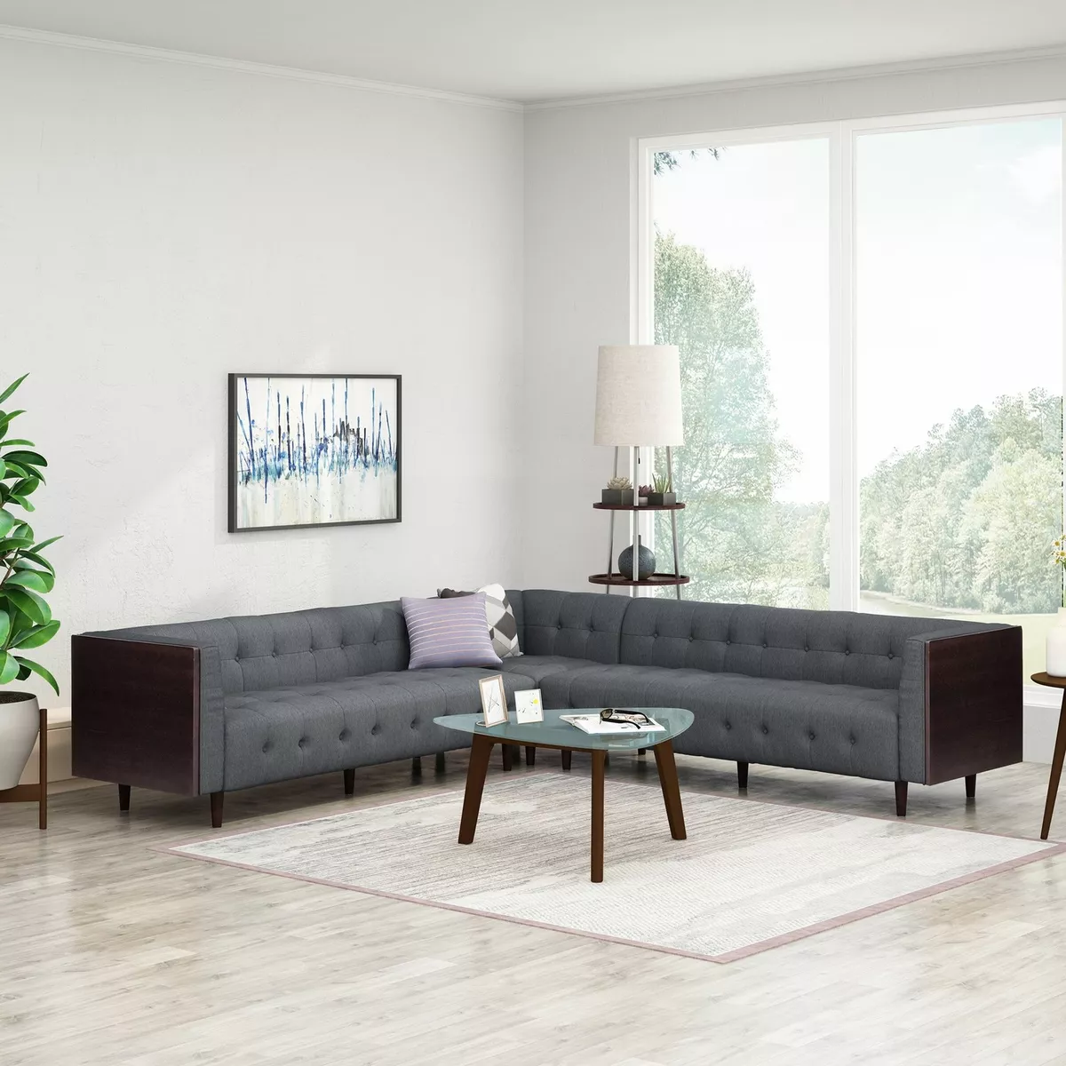 Warnock Mid Century Modern Fabric Tufted Sectional Sofa Set eBay