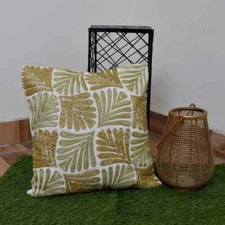 White Velvet Pillow Cushion Gold & Green Leaf Motif Geometric Design Home Décor