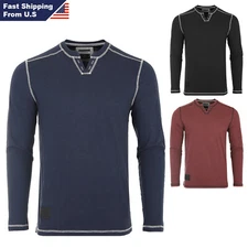 ZIMEGO Men's Vintage Long Sleeve Notch V-Neck Contrast Seam Line Casual Henley
