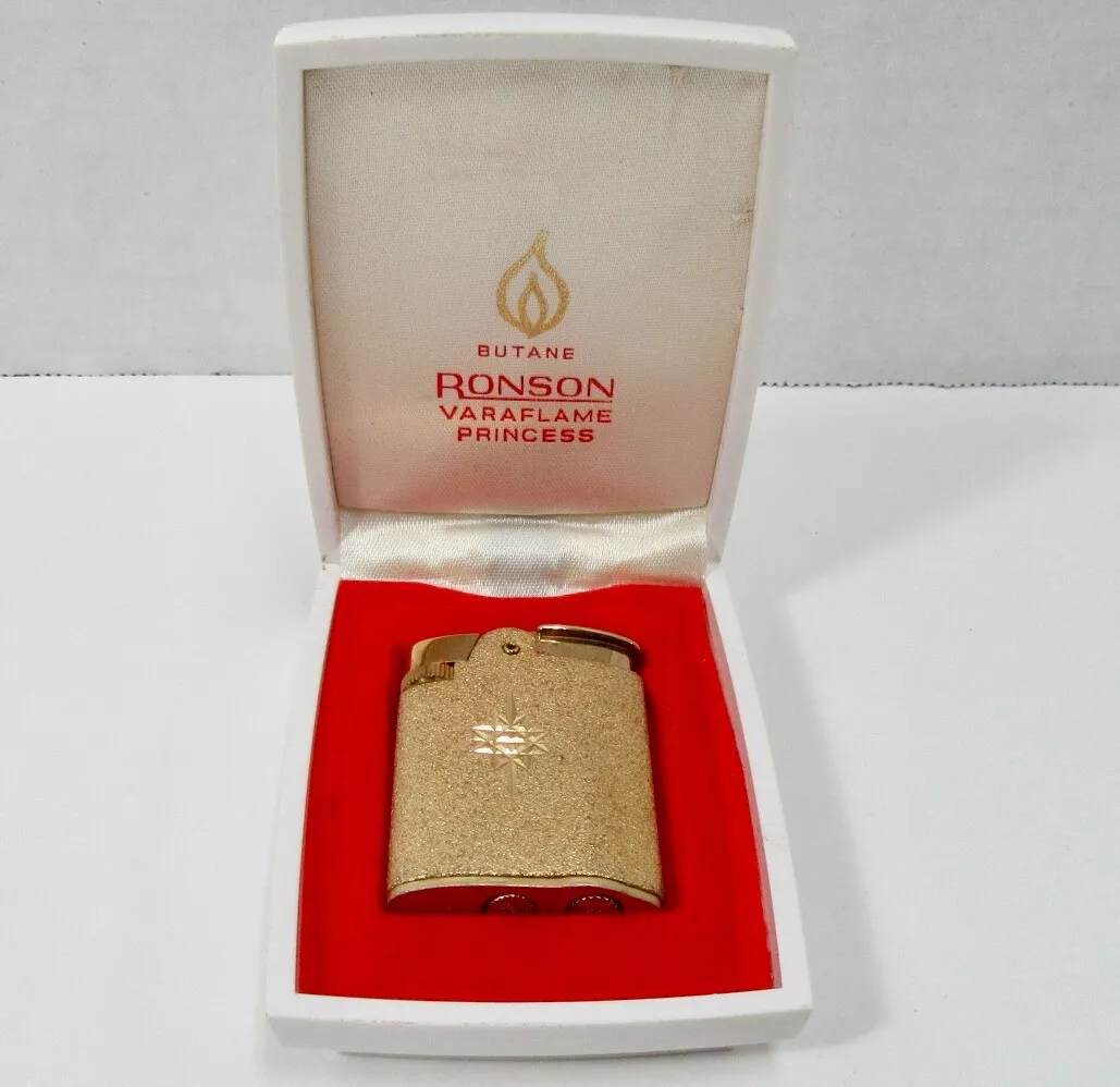 VINTAGE RONSON VARAFLAME PRINCESS LIGHTER BUTANE BRUSHED GOLD IN CASE VG