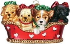 Old World Christmas PUPPIES IN A BASKET (12700) Glass Ornament w/ OWC Box