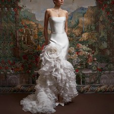 Vintage Mermaid Wedding Dress Floor Length with Ruffles Sweep Train Tiered Gown