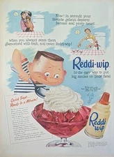 1953 vintage Reddi-wip Whipped cream Print Ad.  Cartoon Boy With Jello And Cream