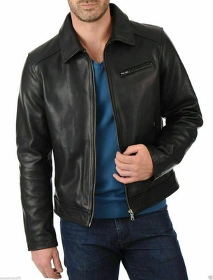 Men Bomber Jacket Cafe Racer Biker Black Motorcycle Real Sheepskin Leather Coat
