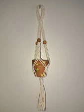 Handmade Macrame Mini Plant Hanger, 14" Long, Beige With Wood Beads