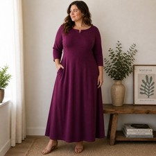 Marycrafts Plum Purple Fit and Flare Midi Dress Elbow Sleeve Boat Neck Notch