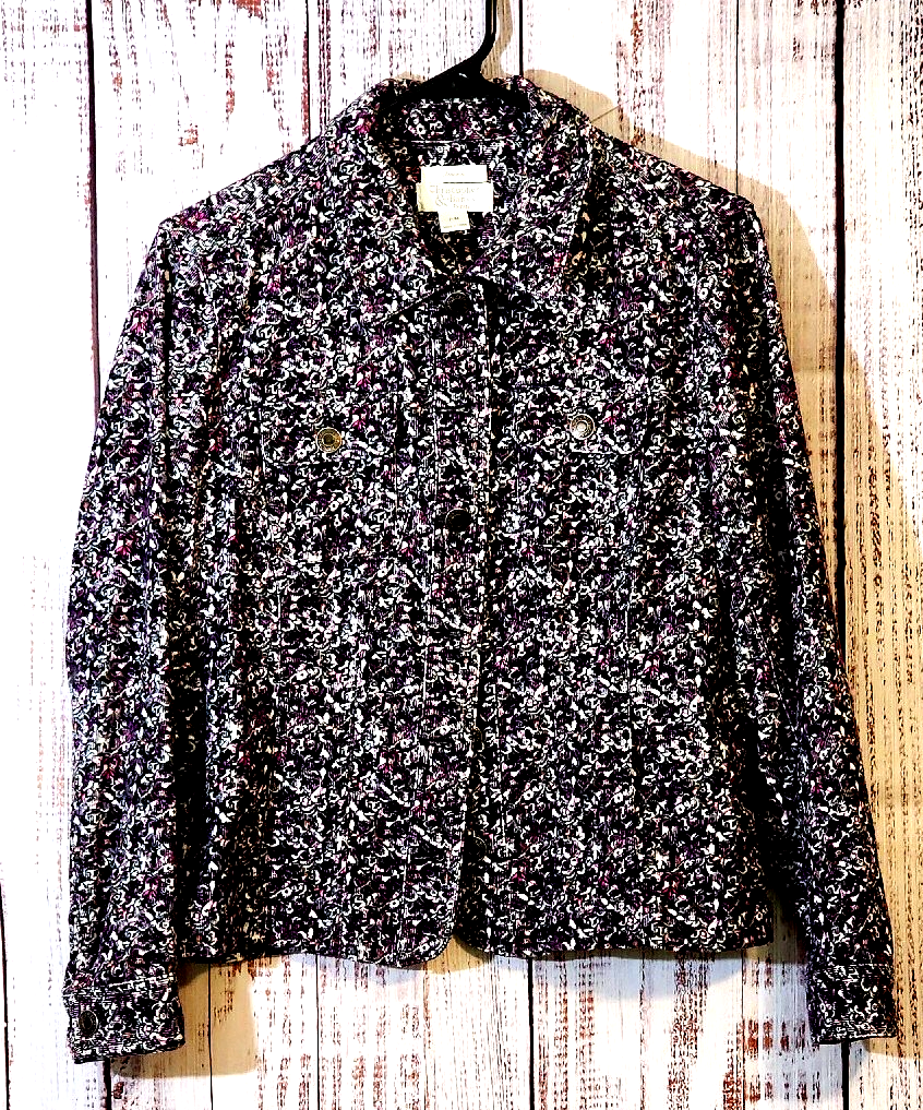 Christopher & Banks Petite Floral Metal Button Womens P/M Corduroy Crop Jacket