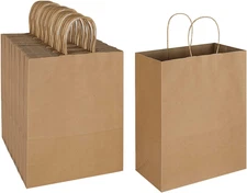 100 Pack 10X5X13 Plain Natural Brown Kraft Paper Bags with Handles Bulk Large