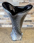 Murano Mid Century 12.5" MCM Art Glass Vase Black and Silver Speckles Ribbed