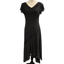 Adrianna Papell Y2K Dress Black Chiffon Assemetrical Midi Beaded Size 6 Fairy