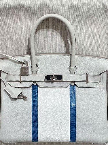 AUTH Hermès Birkin 30 Club Perle Grey White Togo & Blue Lizard Leather PHW