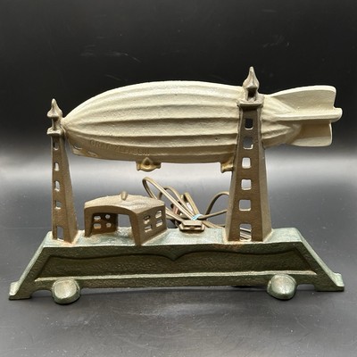 Antique RARE Schylling USA Graf Zeppelin Air Ship Cast-Iron Lamp/Doorstop WORKS!