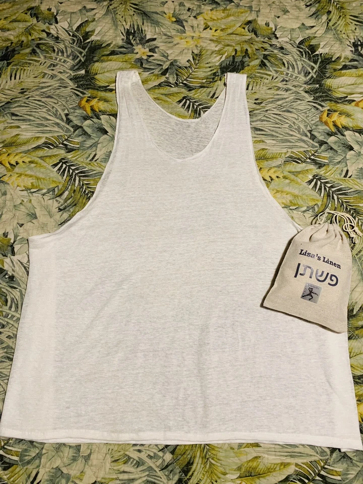 Camiseta sin mangas 100 % orgánica de lino tejido elástico crema para hombre XL hecha a mano personalizada nueva Foto 4 de 4