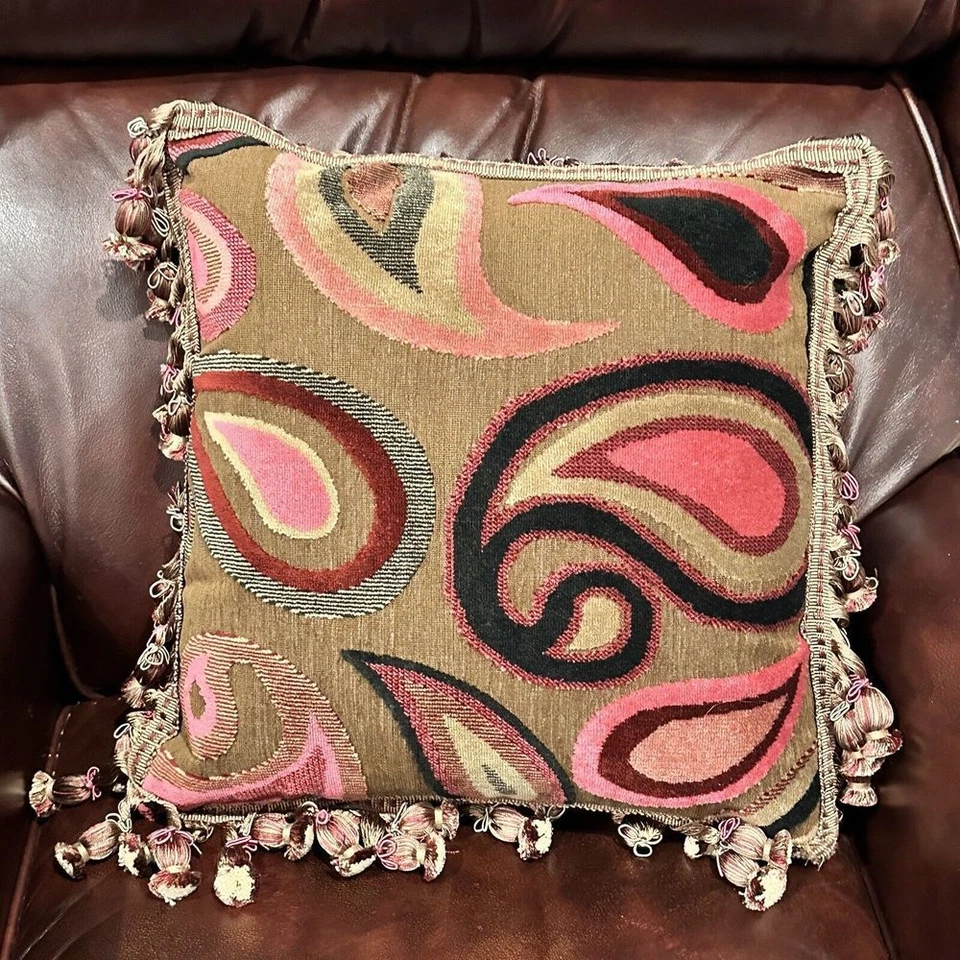 Custom Woven Throw Pillow Down Insert Feather Tassels Paisley Earthy 16"x 16" - Image 2 of 4
